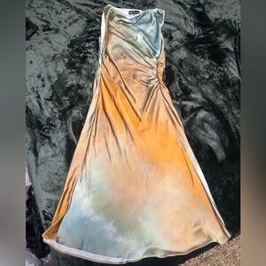 Zara Boat Neck Slip Dress with Slit in Blue, Orange, and Cream